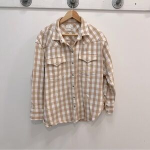 JCrew shacket with tan houndstooth plaid